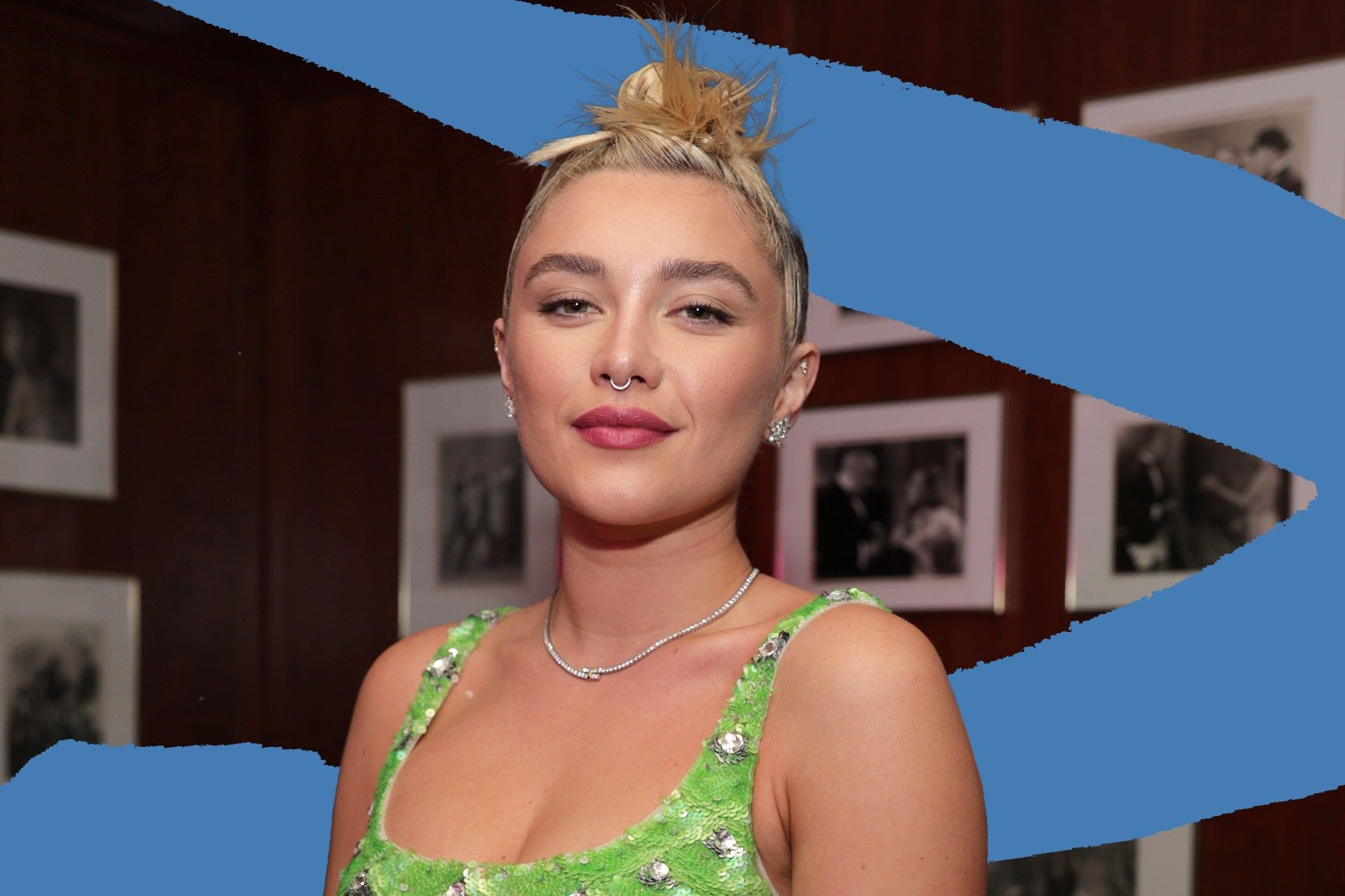 A portrait of Florence Pugh in a green dress with a blue arrow graphic over the top - Florence Pugh