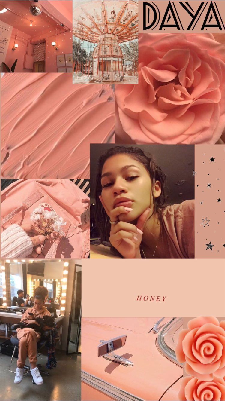 Aesthetic collage background of a girl and pink rose. - Zendaya