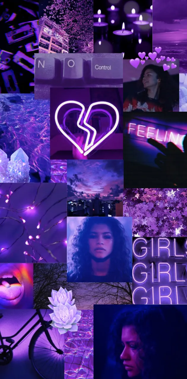 Aesthetic purple background with neon lights, flowers, and girls. - Zendaya