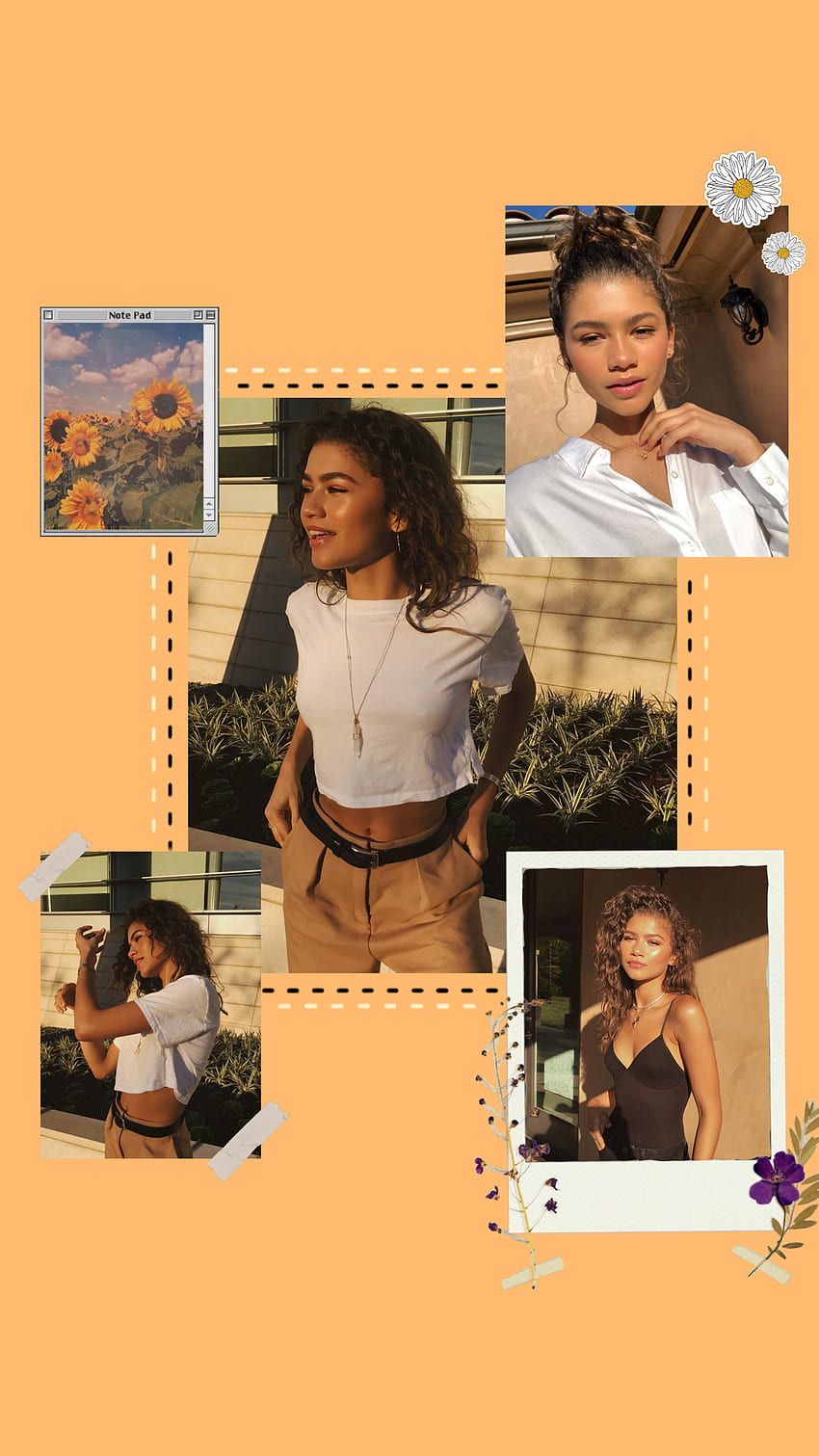 A collage of Zendaya wearing a white crop top, brown pants, and a black tank top. - Zendaya