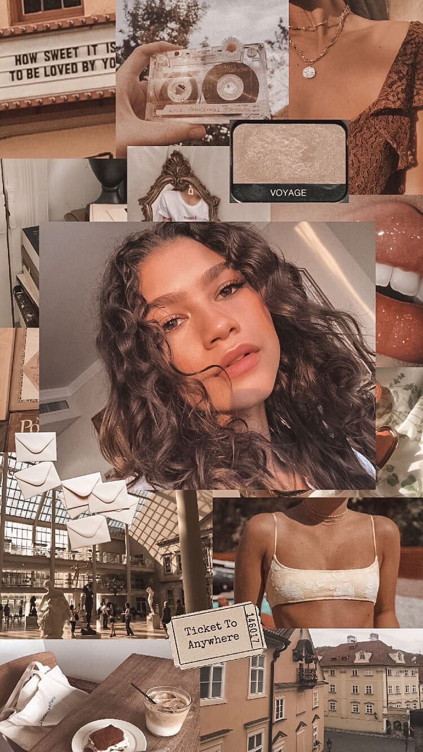 Collage of photos of Zendaya, brown aesthetic, white aesthetic, coffee aesthetic, and brown and white aesthetic. - Zendaya