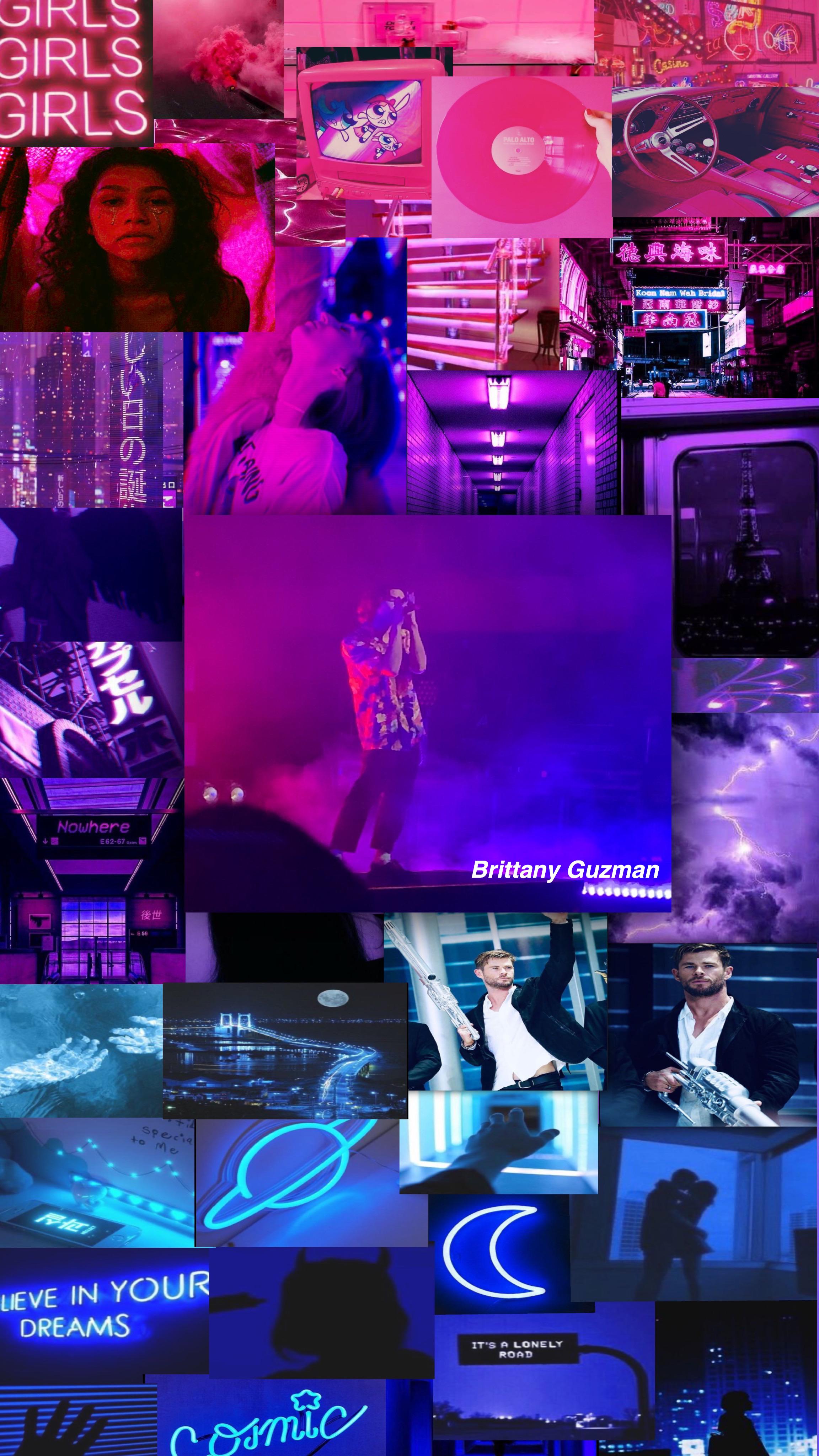 Aesthetic background of purple and blue neon lights with various pictures of Britney, the moon, and the word 