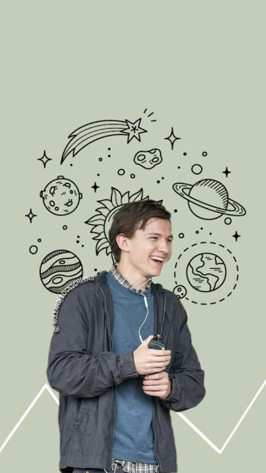 A man laughing with planets around him - Tom Holland