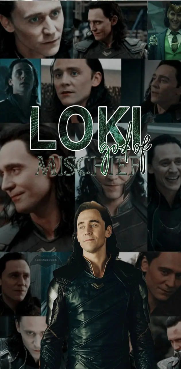 Loki, God of Mischief, with a collage of his different faces. - Loki