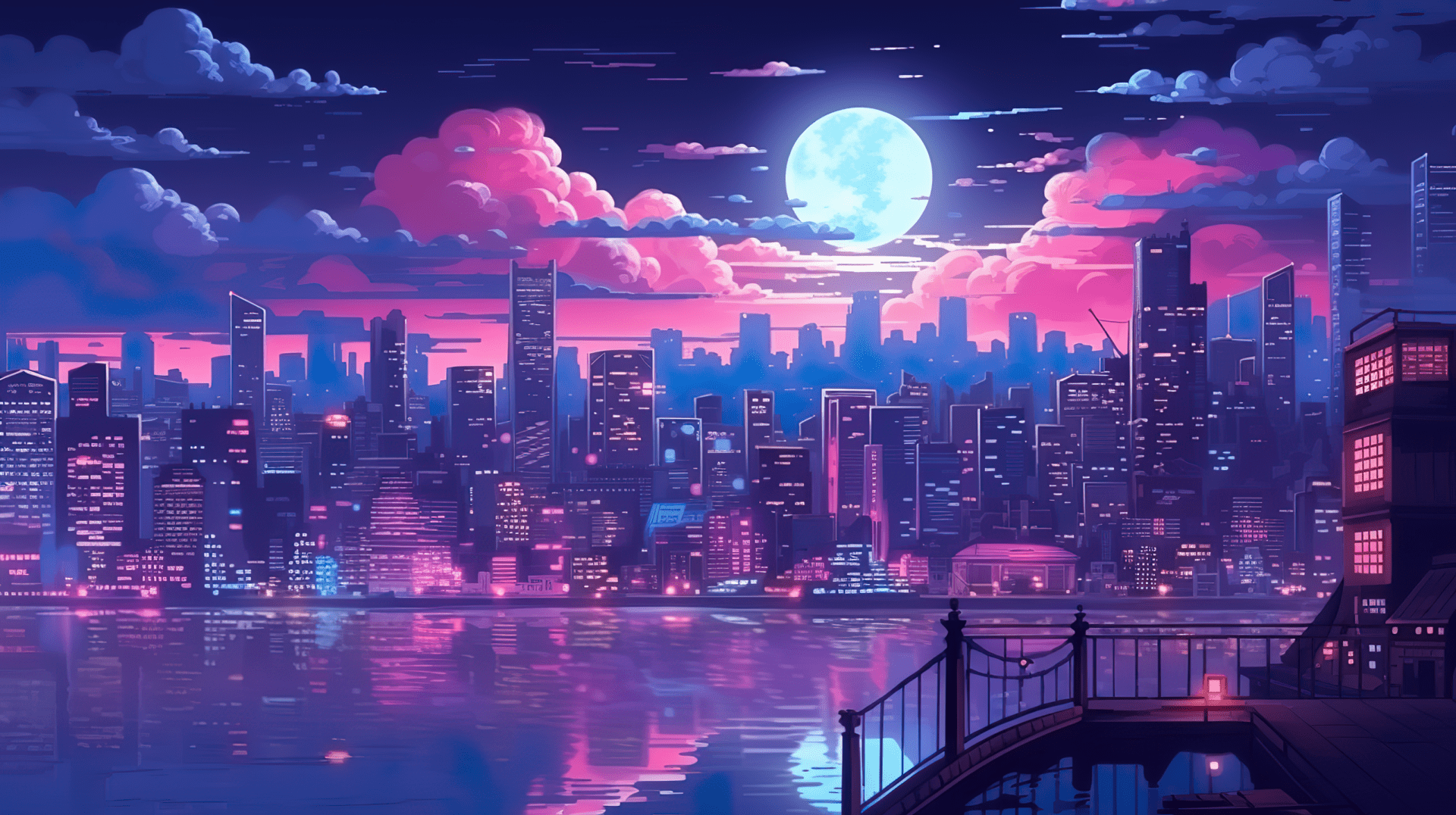 A cityscape at night with a full moon - Cityscape, skyline