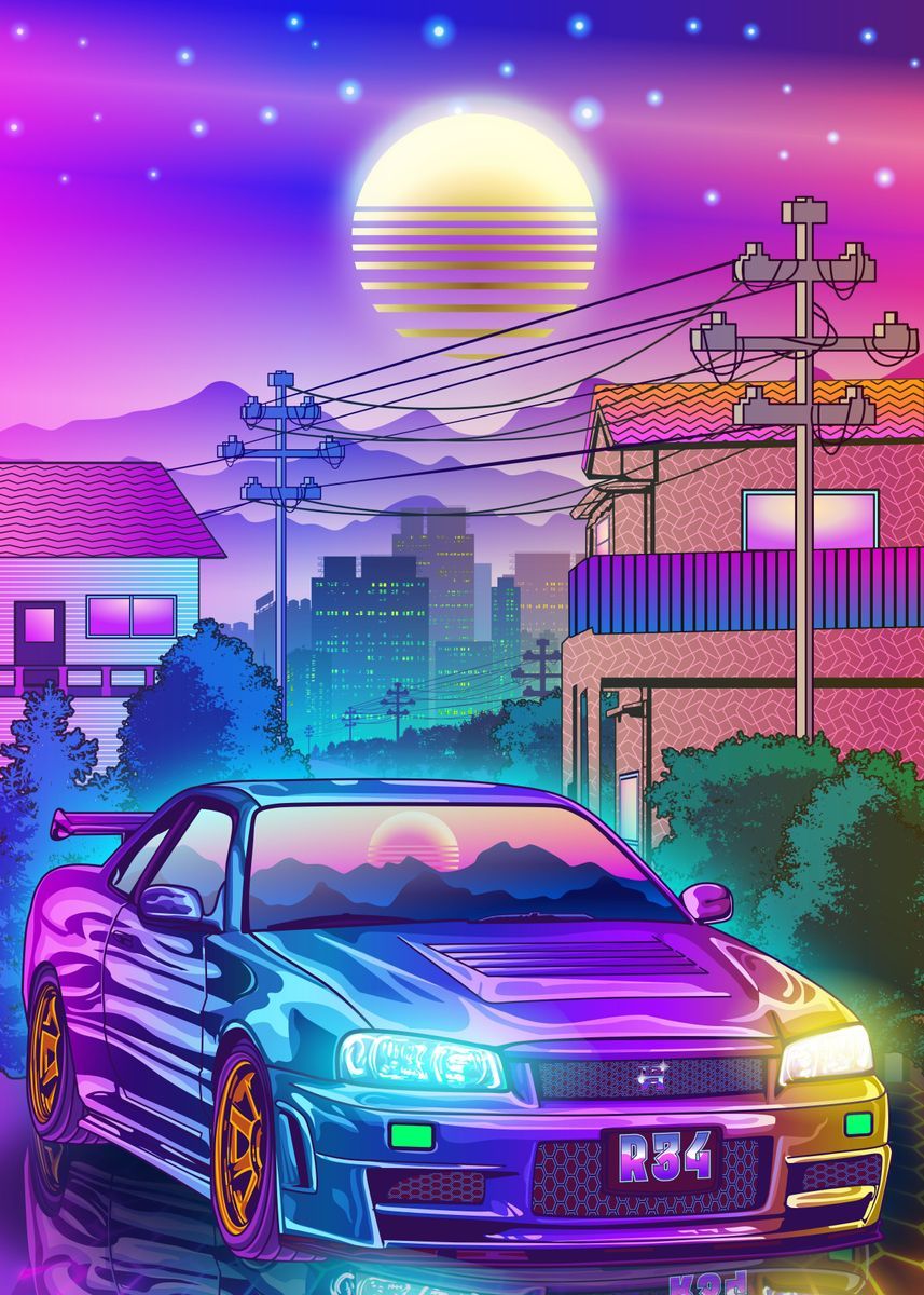 A skyline gtr r34 synthwave ' Poster - Nissan Skyline