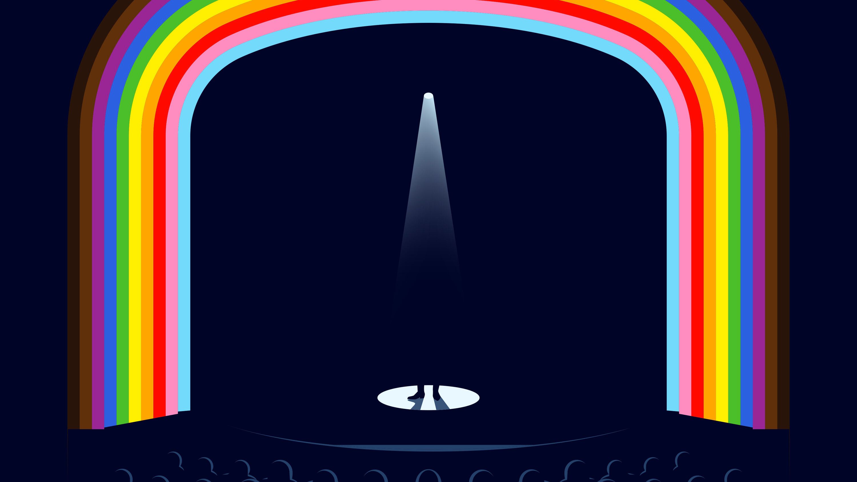 A person standing under a spotlight on a stage with a rainbow arching over the stage. - Gay