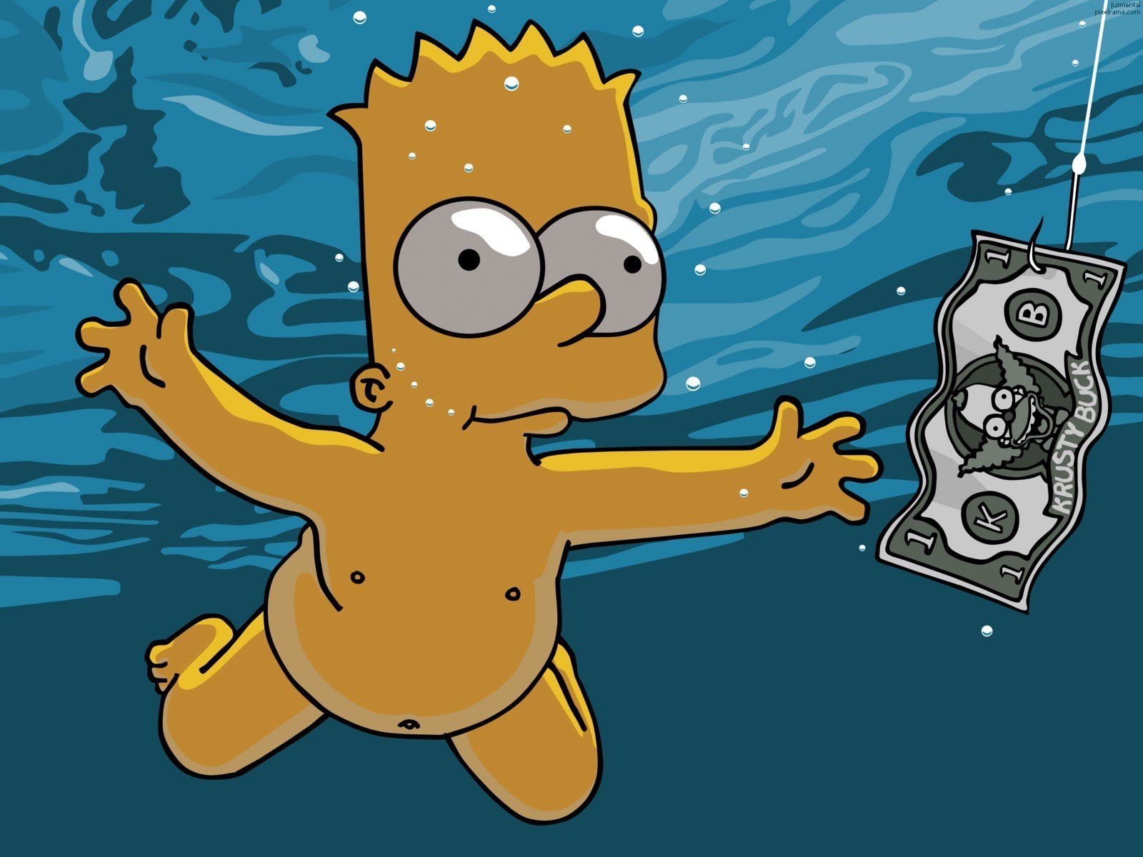 Bart Simpson as a baby, from the Simpsons, in the water with a dollar bill hanging from a hook - The Simpsons, Bart Simpson, Nirvana