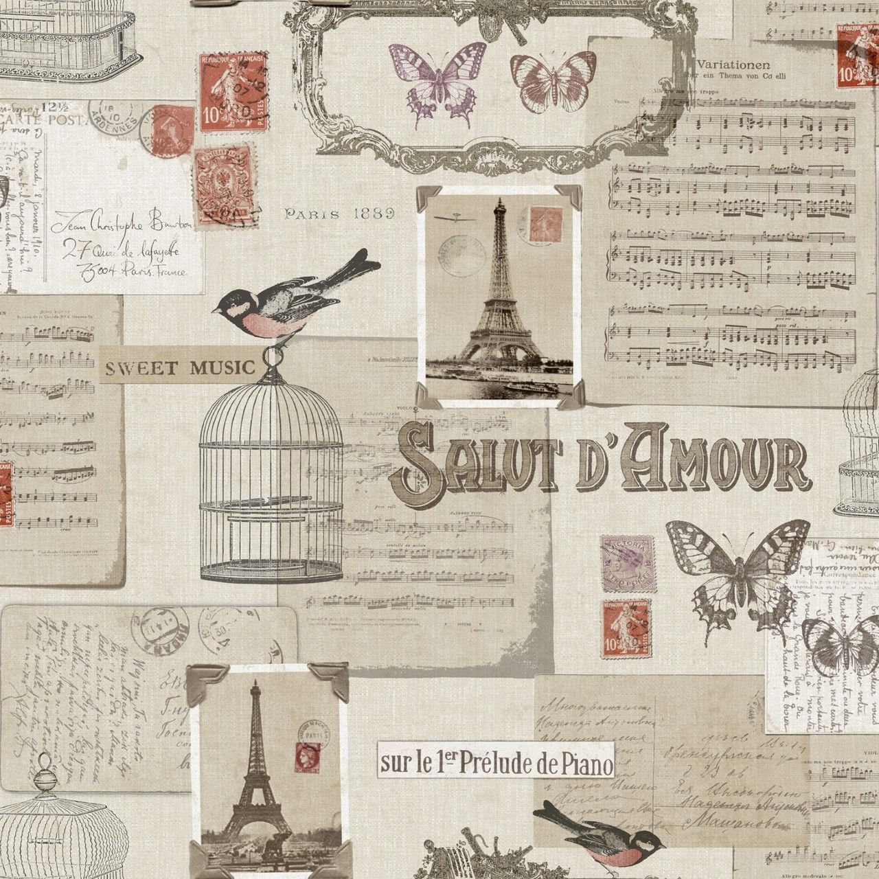 This fabric features a collage of Parisian inspired images such as birds, cages, and butterflies. - France