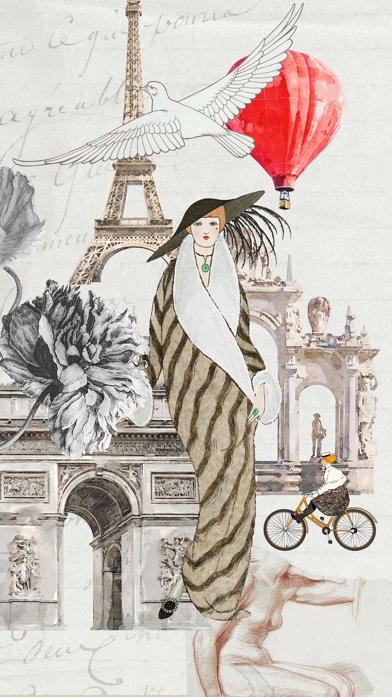 A fashion illustration of a woman in a coat and hat with a red balloon and the Eiffel Tower in the background. - France, Paris, Eiffel Tower