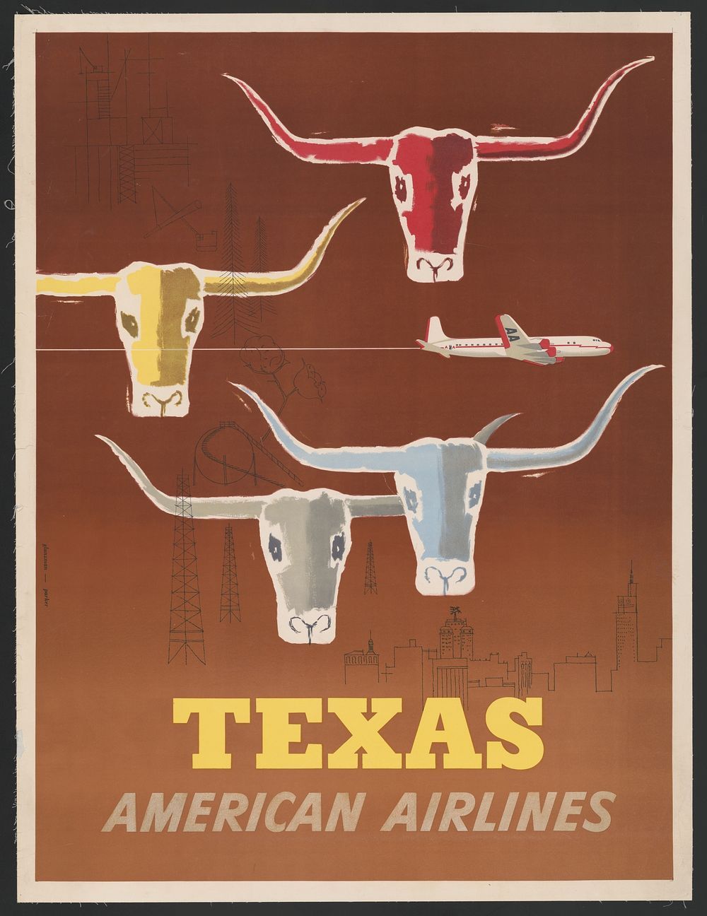 A poster advertising American Airlines flights to Texas, featuring three longhorns. - Longhorn