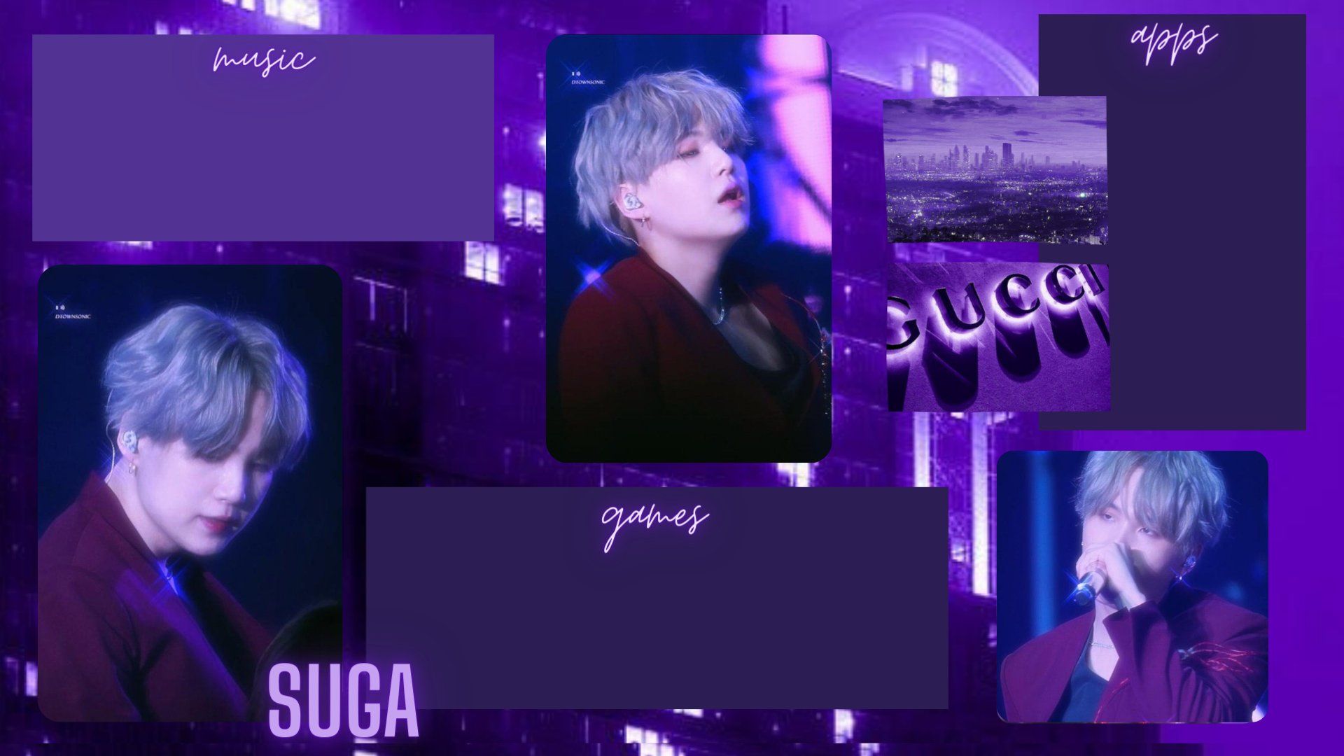 A purple BTS suga wallpaper with 5 different pictures of suga. - Suga