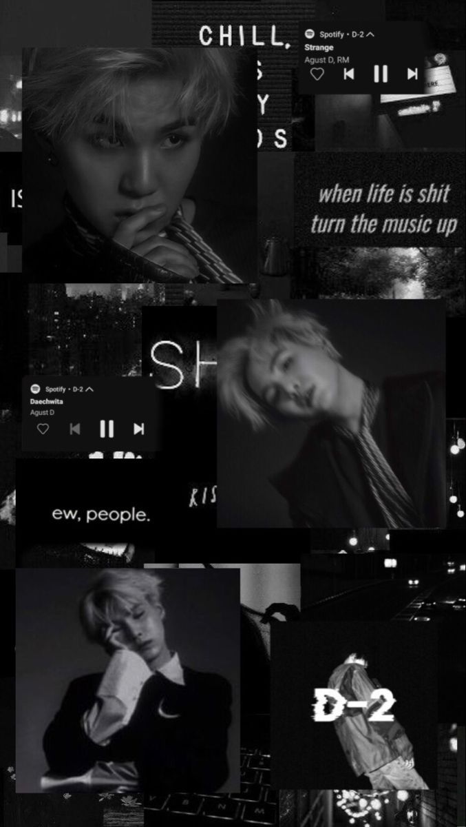 Black and white photo of kpop idol, with his name and photo in different parts of the image, aesthetic backgrounds - Suga