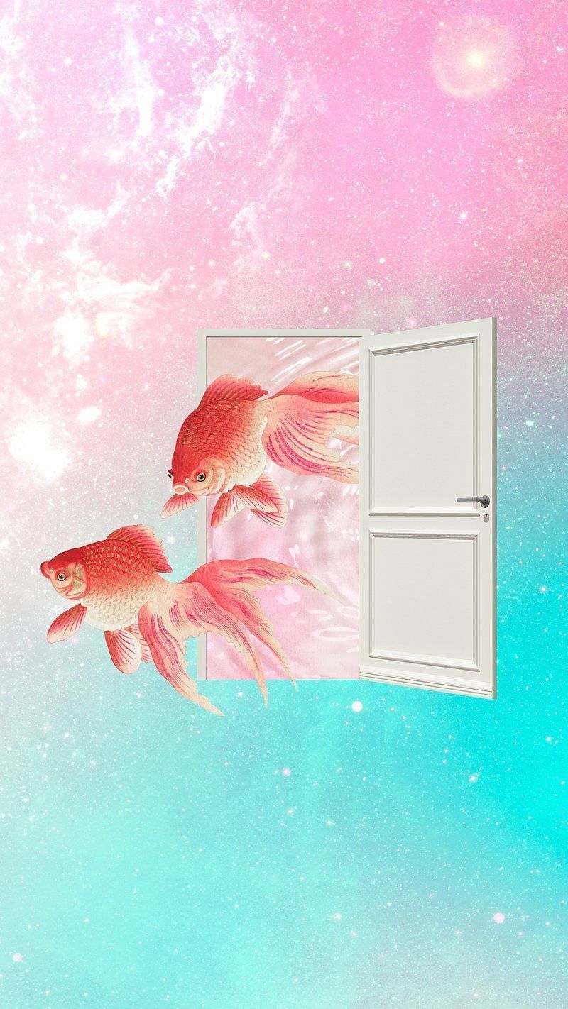 Two fish swimming out of an open door against a pink and blue sky background - Fish