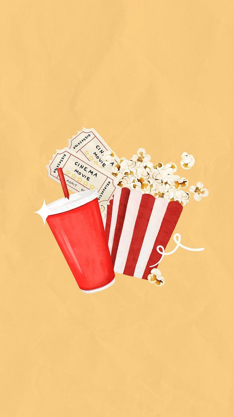 A yellow background with a red and white striped popcorn bucket, a red soda cup, and two movie tickets. - Popcorn