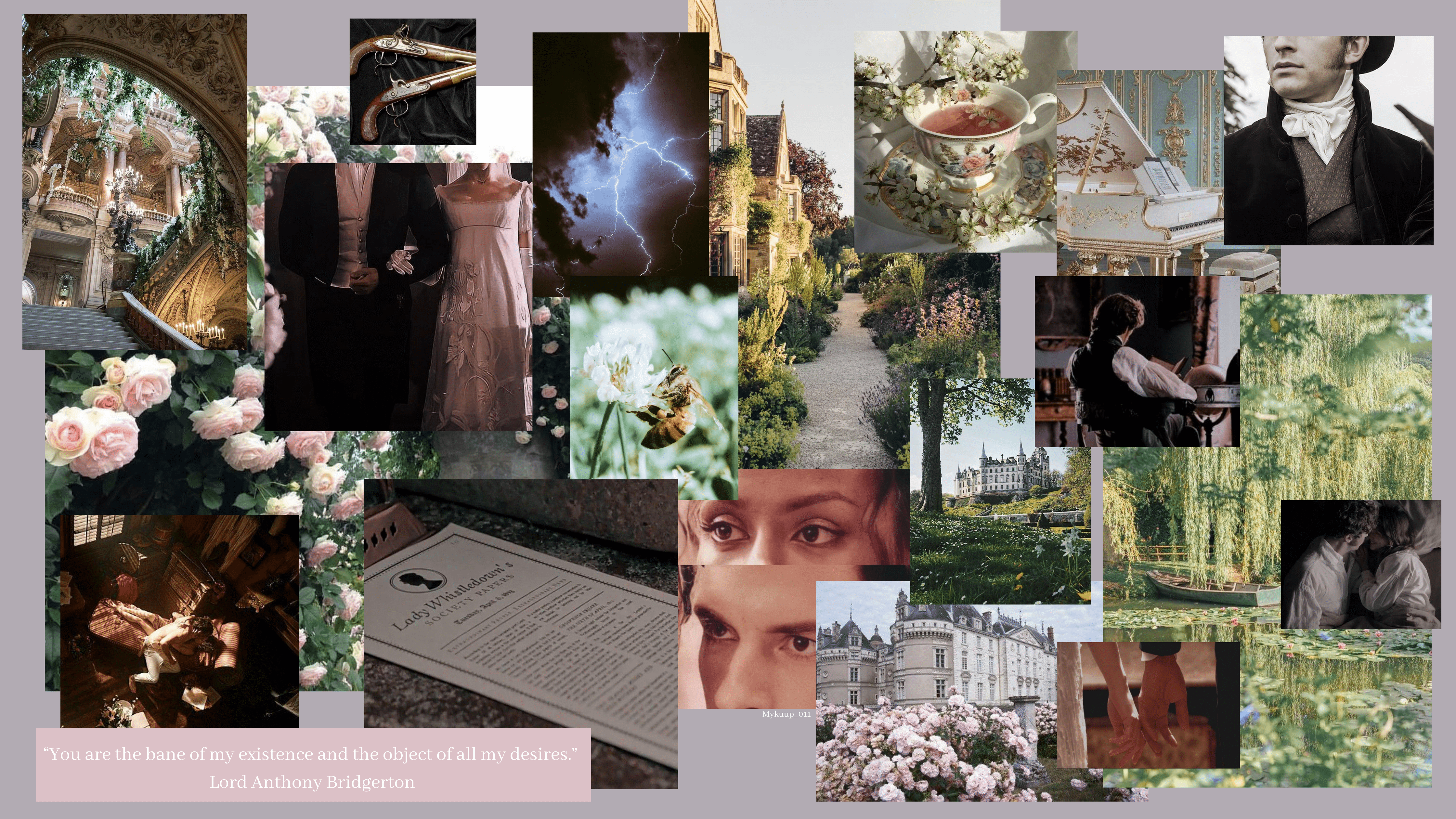 A collage of images including flowers, people, books, and a castle. - Bridgerton