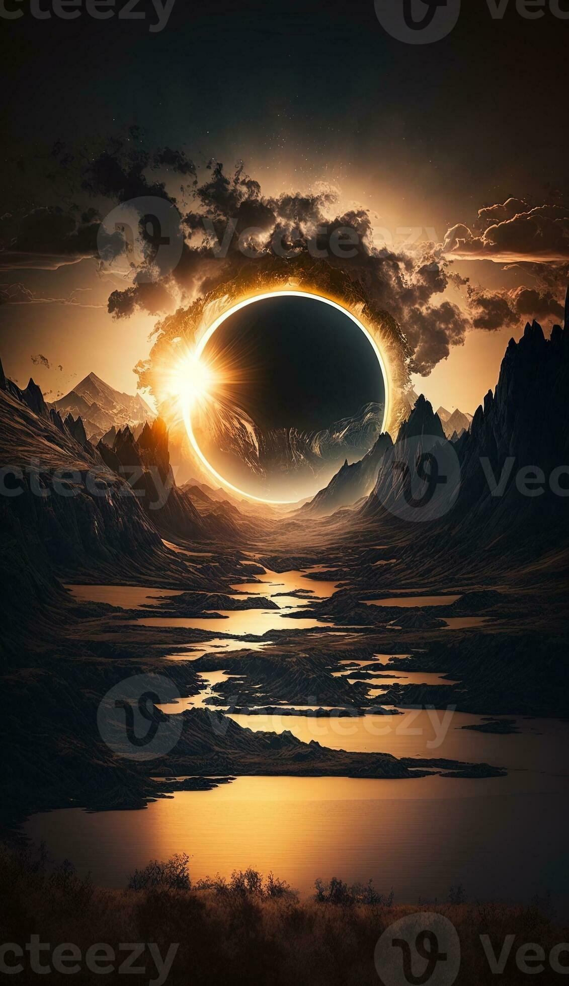 solar eclipse, with the sun partially obscured by the moon smartphone phone original fantasy unique background lock screen wallpaper illustration
