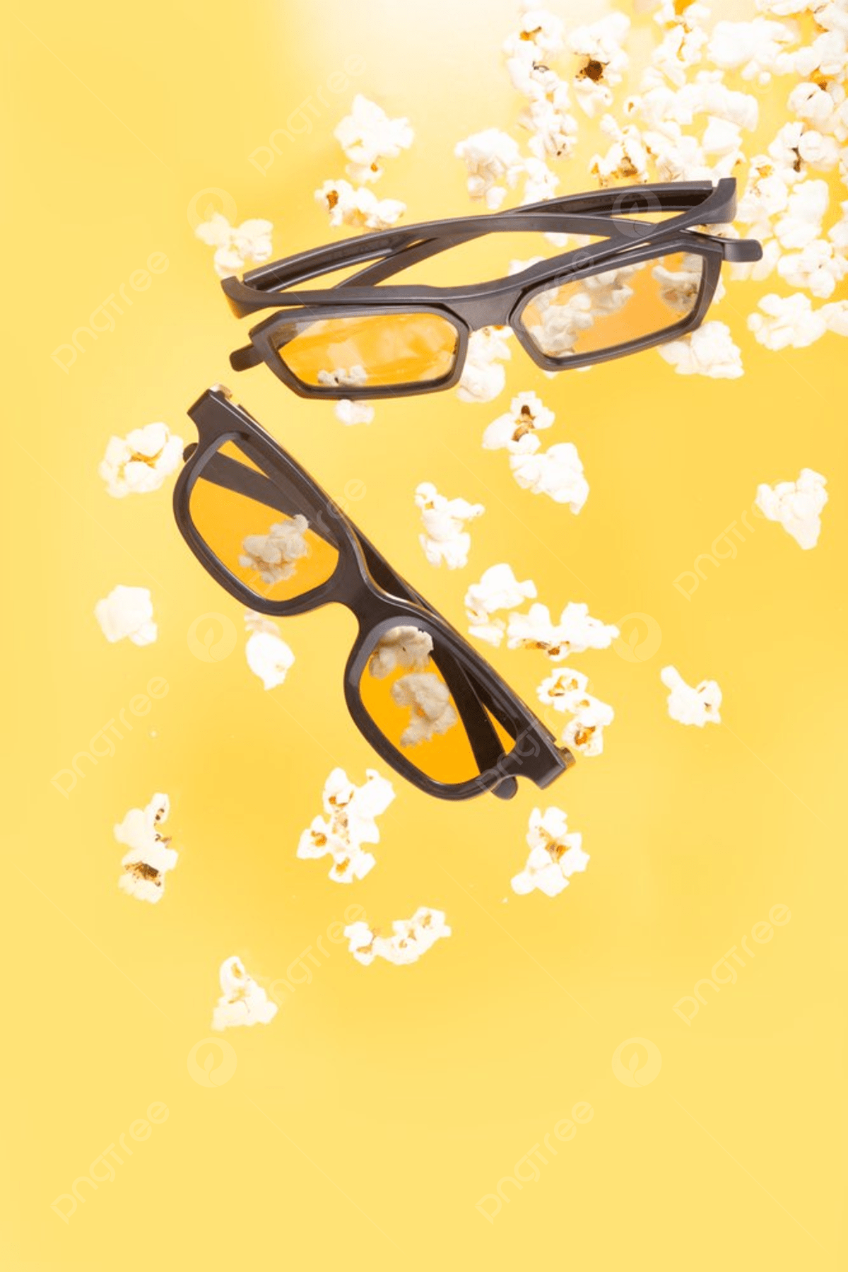Popcorn And Two Pairs Of 3D Glasses Over Yellow Background Photo And Picture For Free Download