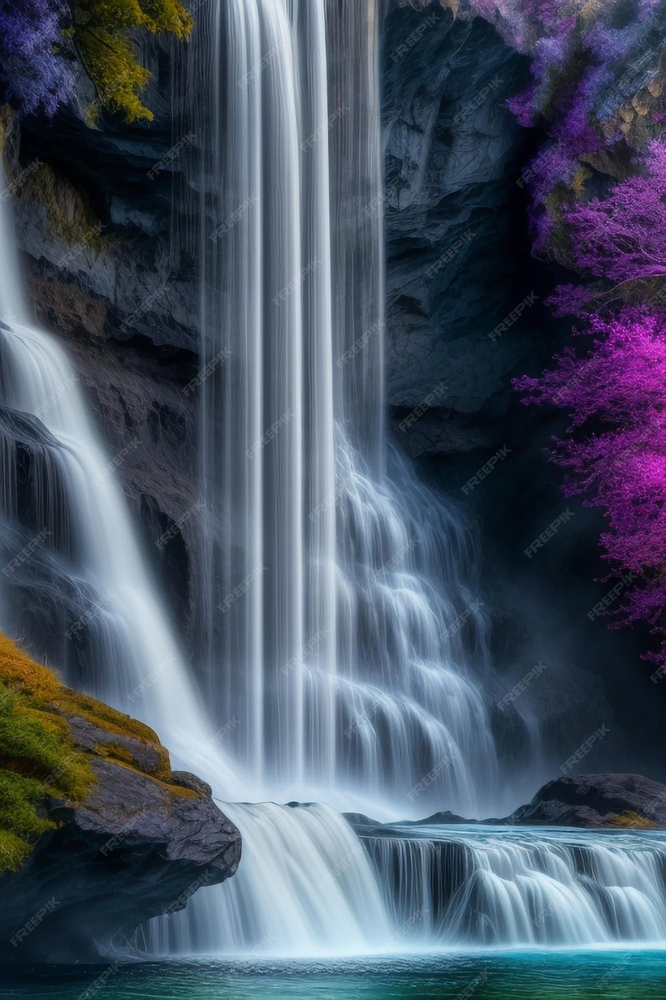 A waterfall surrounded by purple trees - Waterfall