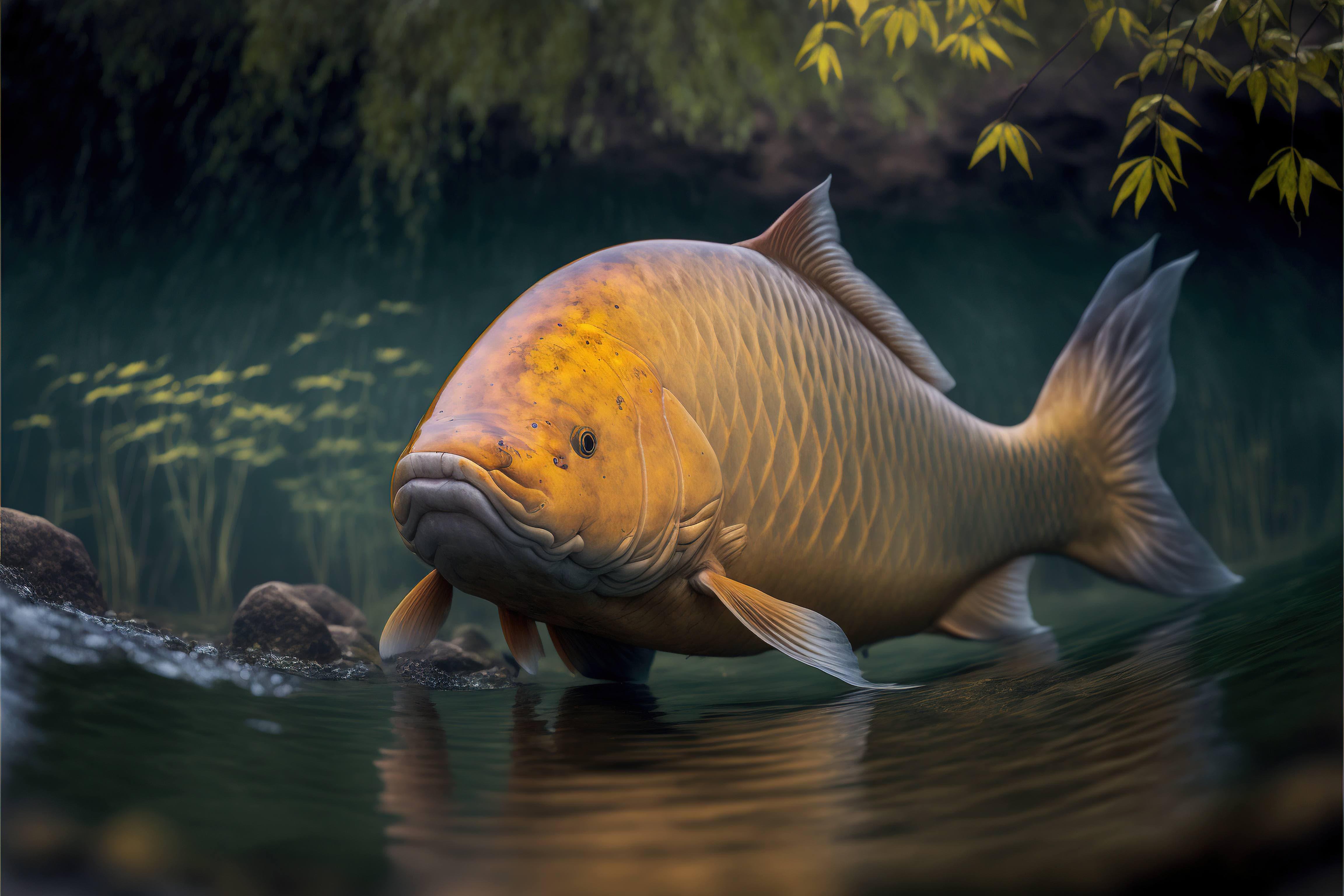 A carp fish floating above the water