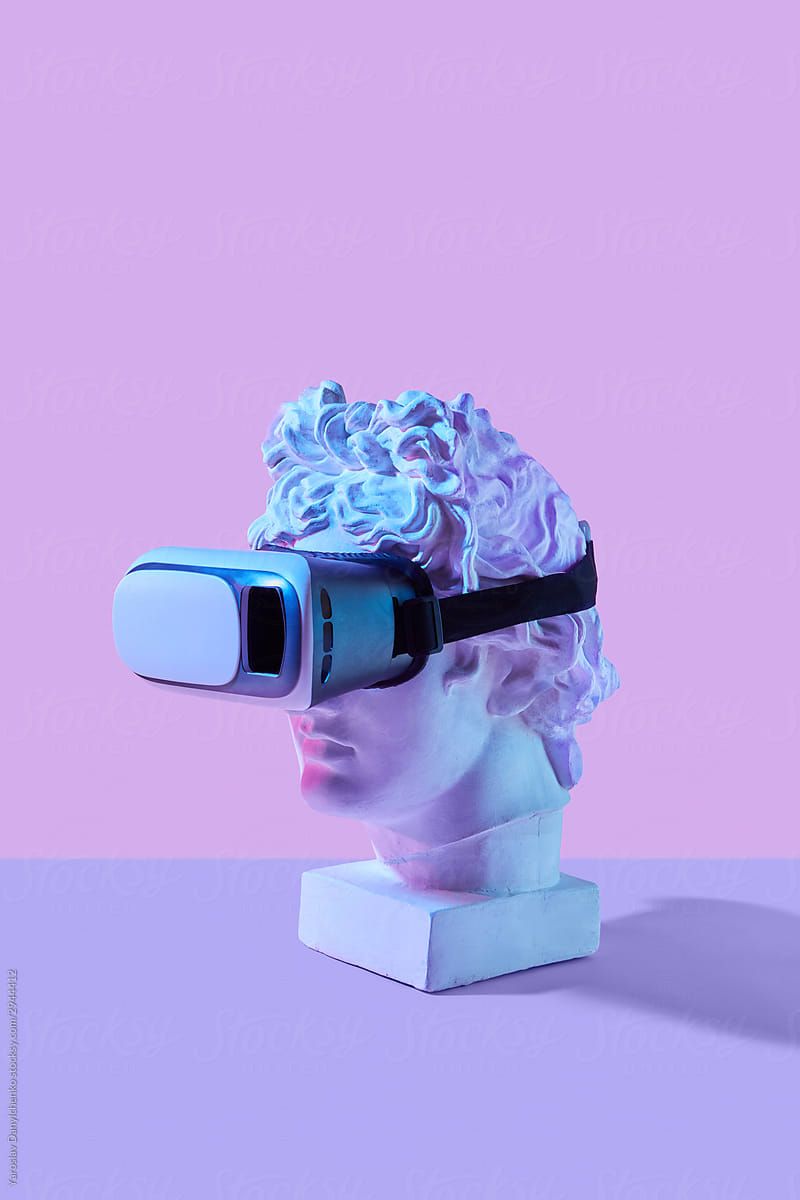 Plaster Statue Head Wearing In Virtual Reality 3D Glasses