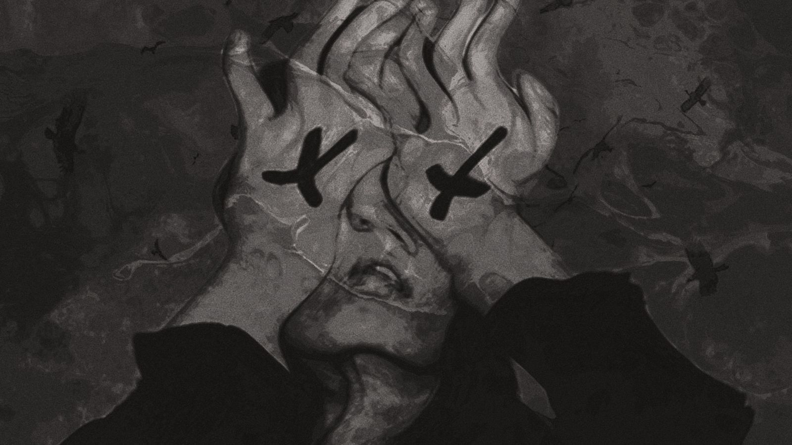 Black and white image of a hand covering a woman's face with the word 'KILL' written on her cheek - Depression