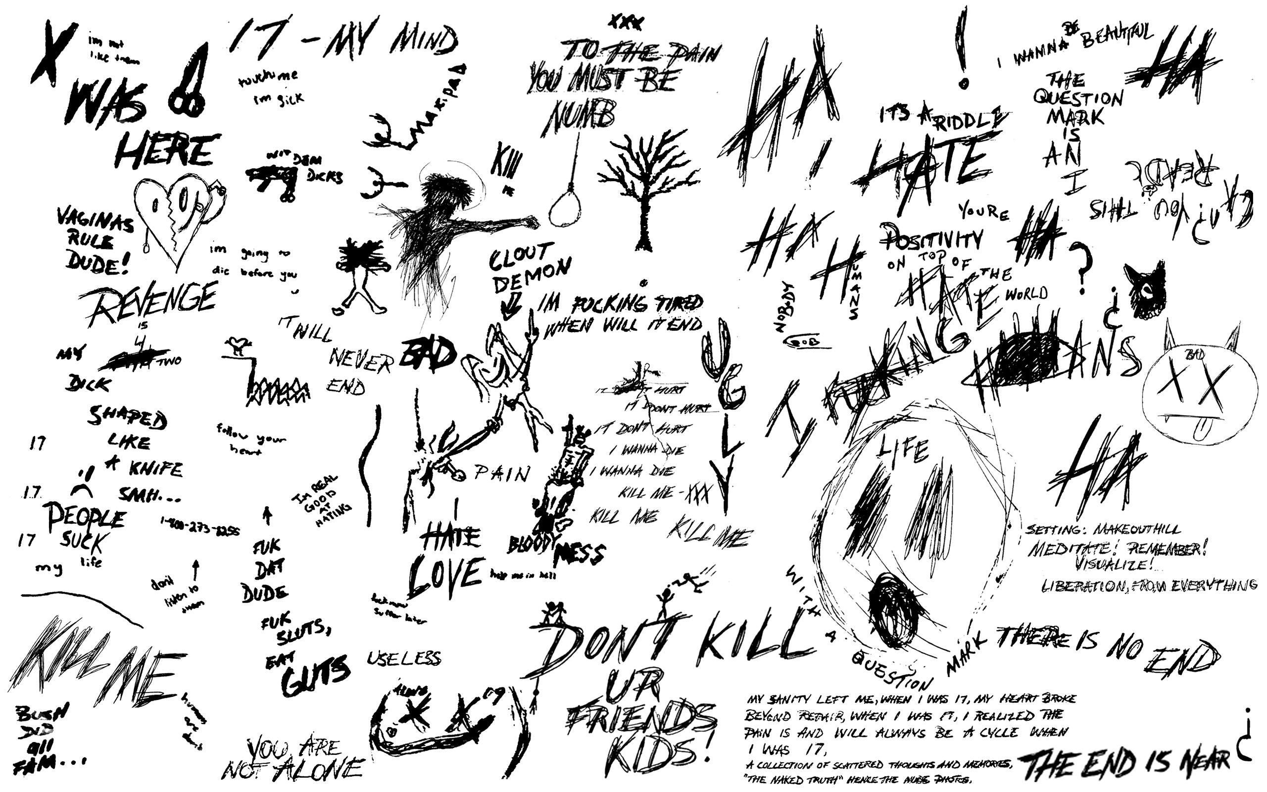A black and white drawing of many different words - XXXTentacion