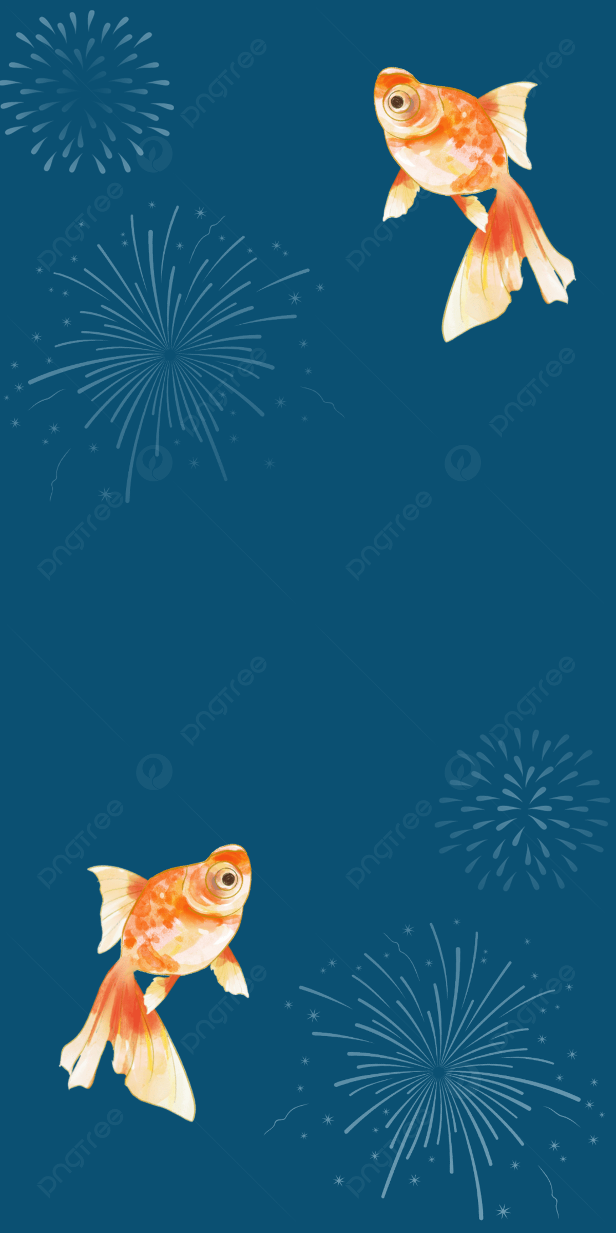 A pair of golden fish in the water, with blue background and white firework decorations - Fish