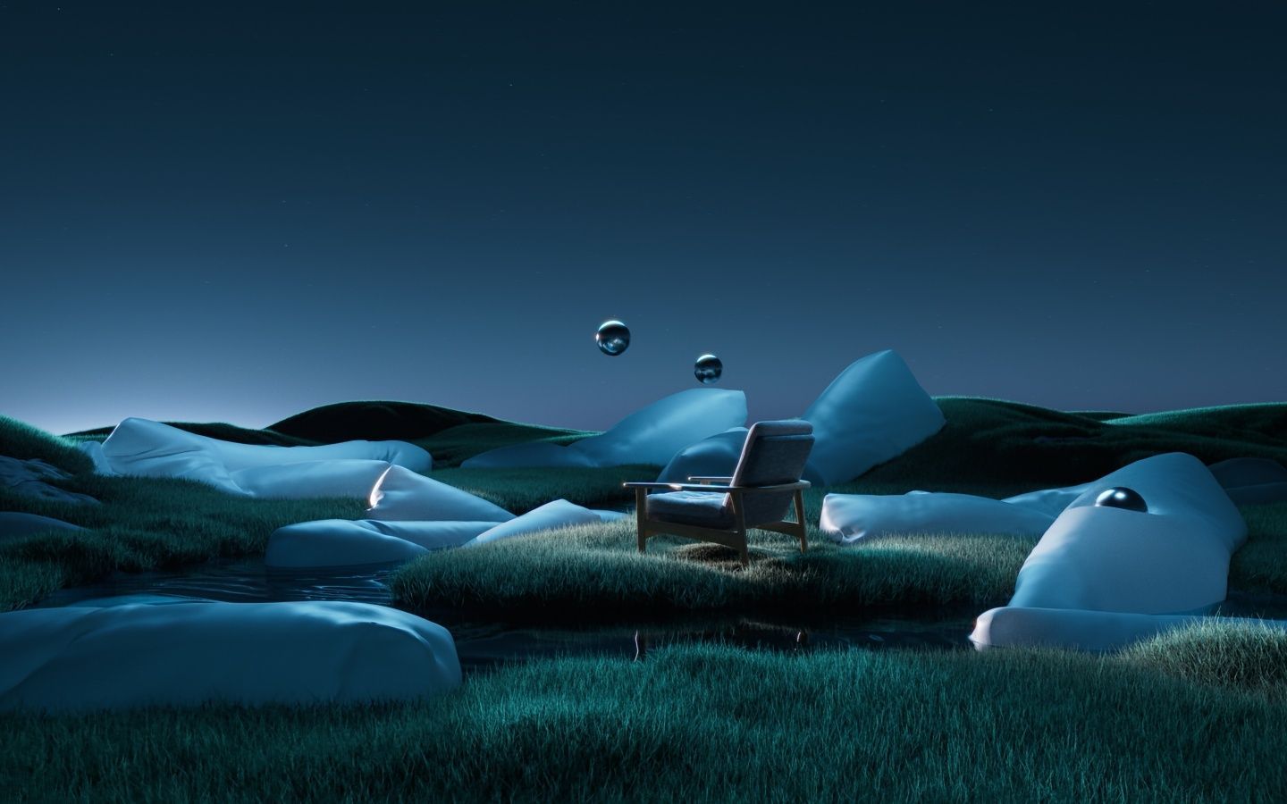 A chair on a grassy field with strange floating blue rocks - 1440x900