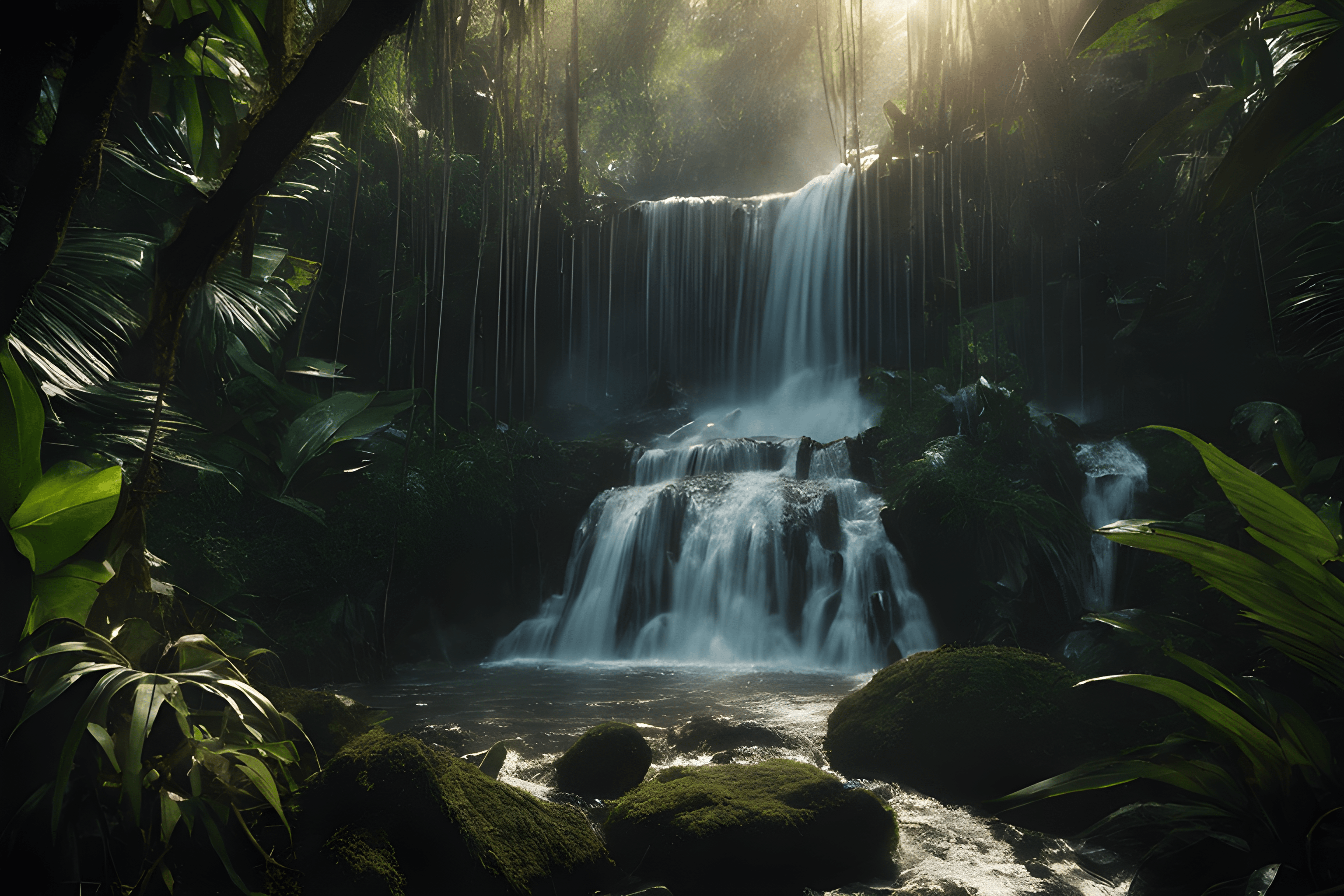 A beautiful waterfall surrounded by lush greenery. - Waterfall