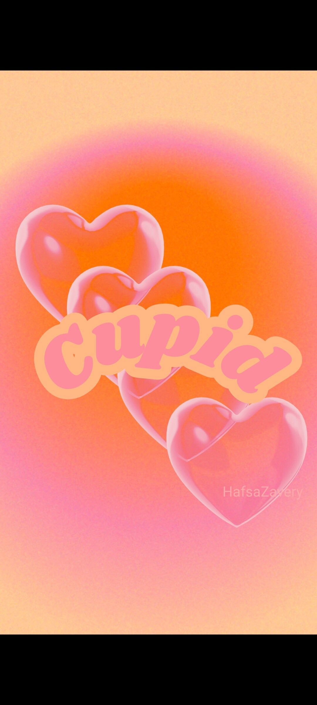 Aesthetic pink and orange background with hearts and the word 