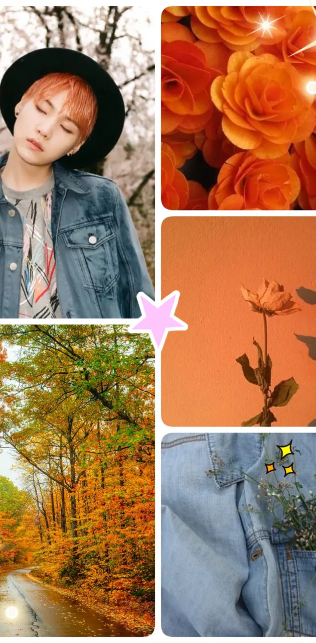 A collage of images including a boy, flowers, trees, and jeans. - Suga
