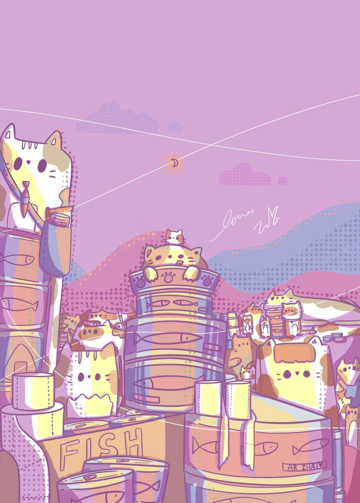 Illustration of cats in boxes on a purple background - Fish, doodles