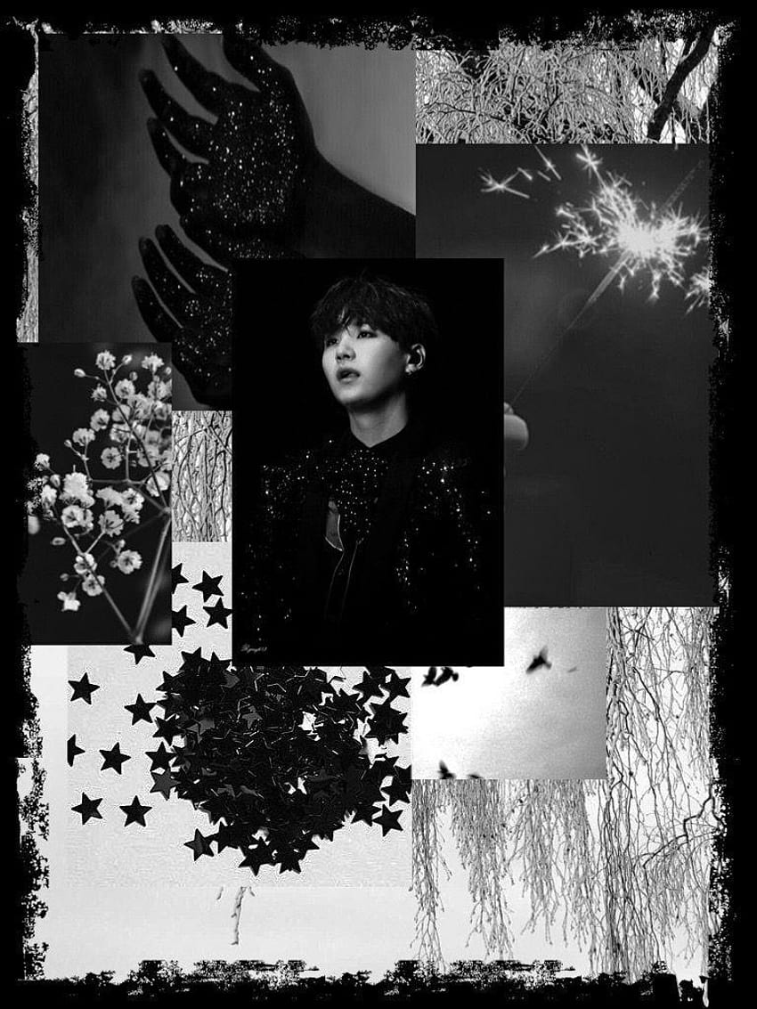 A collage of black and white images including Jin from BTS, flowers, and stars - Suga