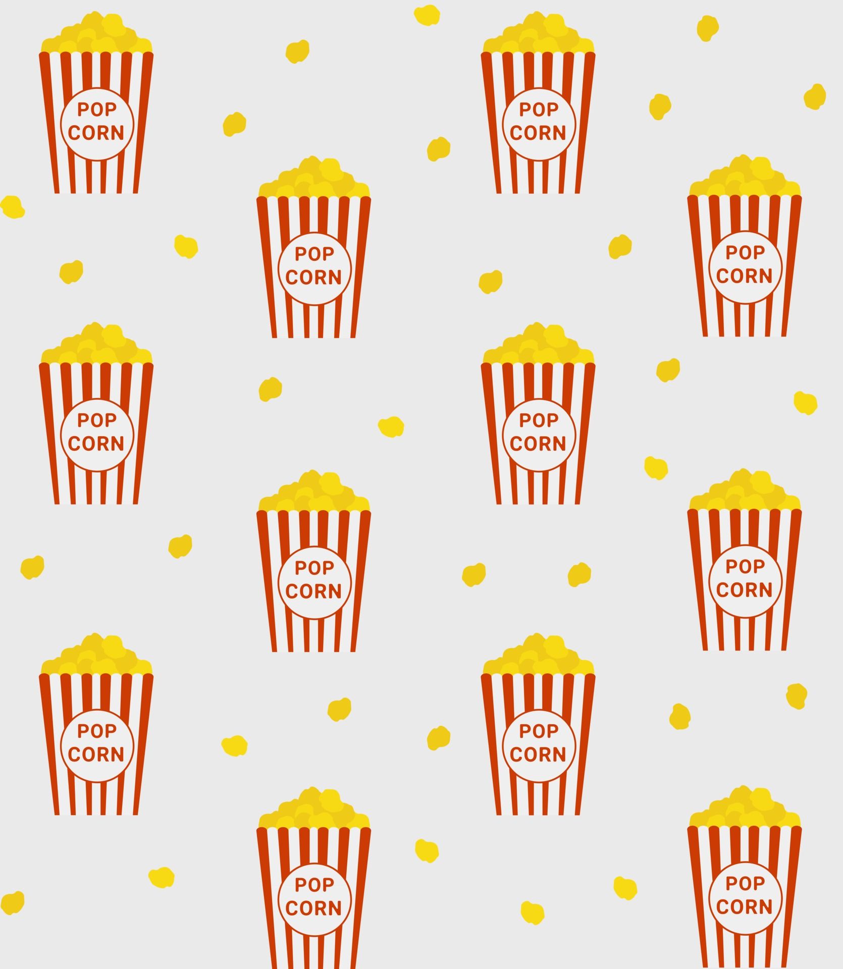 A pattern of popcorn in red and white striped buckets on a light grey background - Popcorn