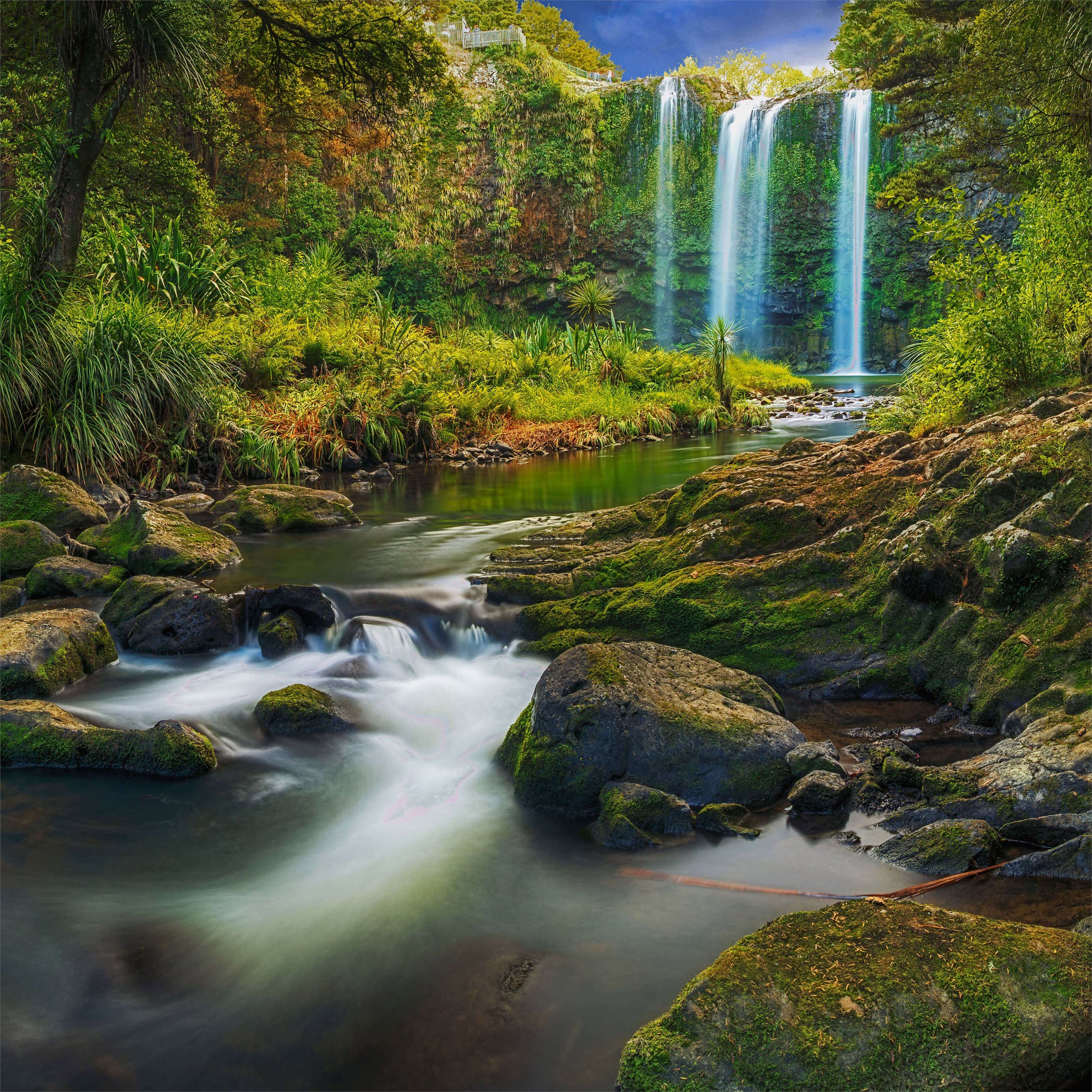 A long exposure photograph of a waterfall surrounded by lush greenery. - Waterfall