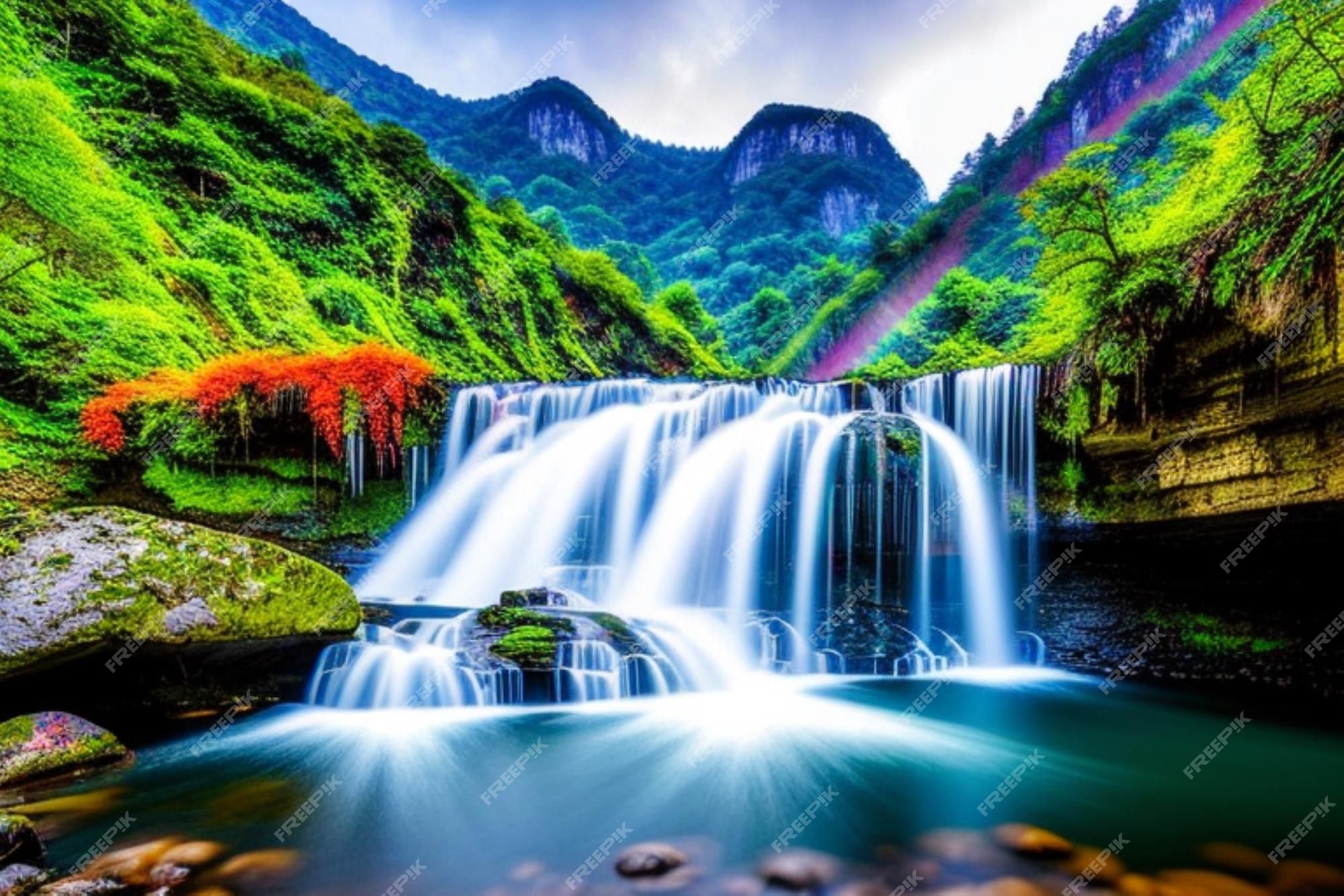 A beautiful waterfall surrounded by green mountains - Waterfall