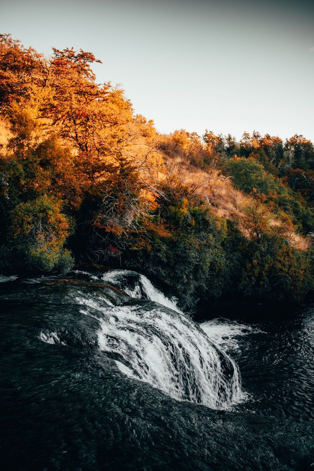 A waterfall surrounded by trees in the fall. - Waterfall