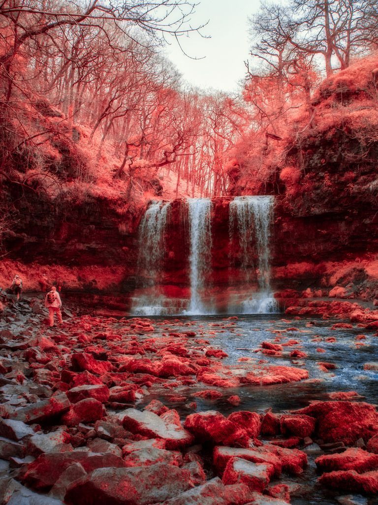 waterfalls in red. Pretty landscapes, Fantasy landscape, Nature aesthetic