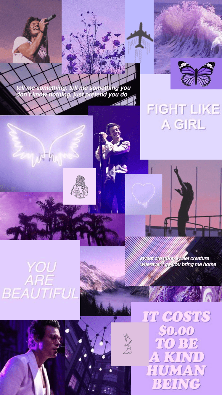 A collage of purple and white photos with the words 