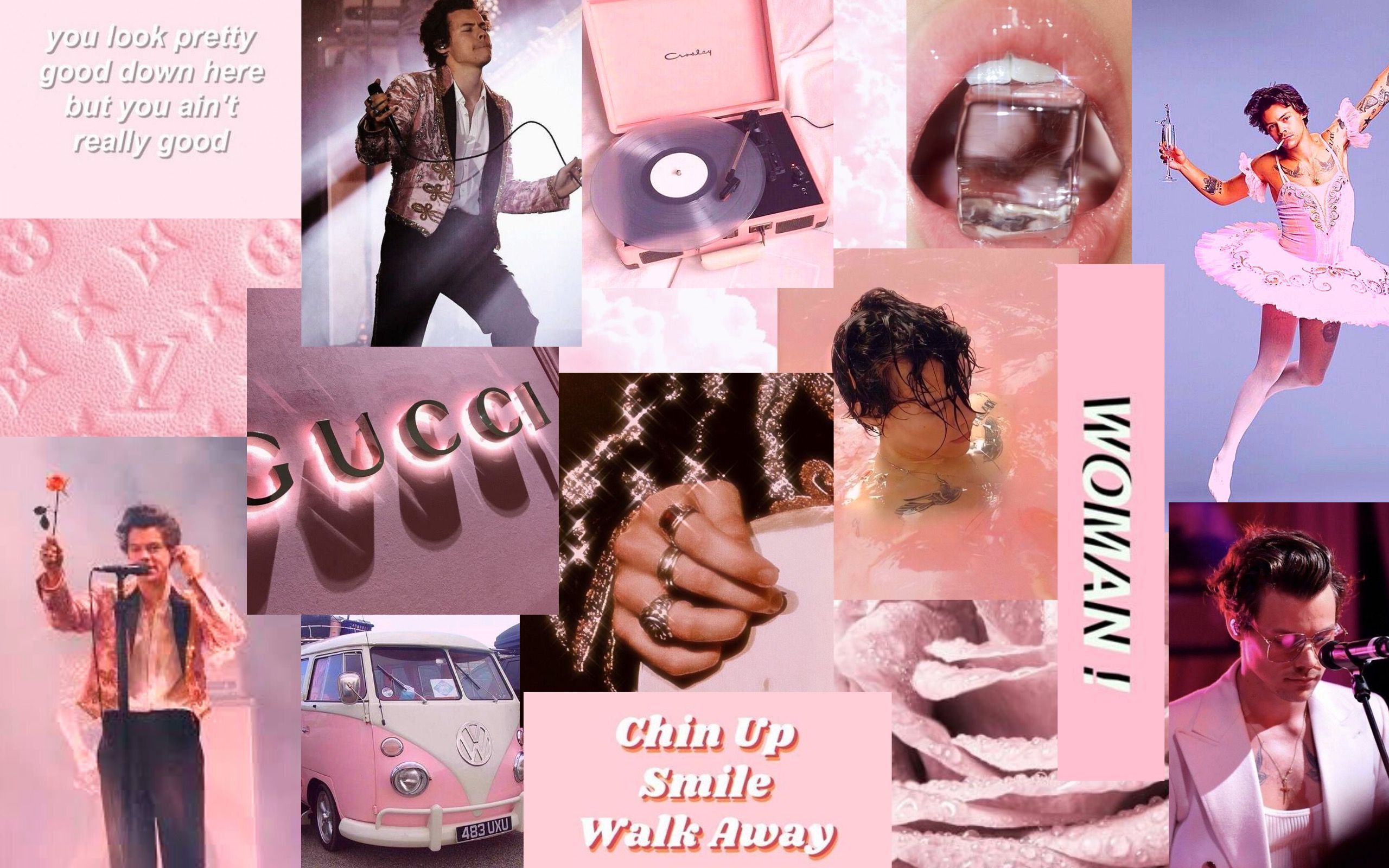 A collage of pink and purple images including Harry Styles, a pink VW van, and the words 