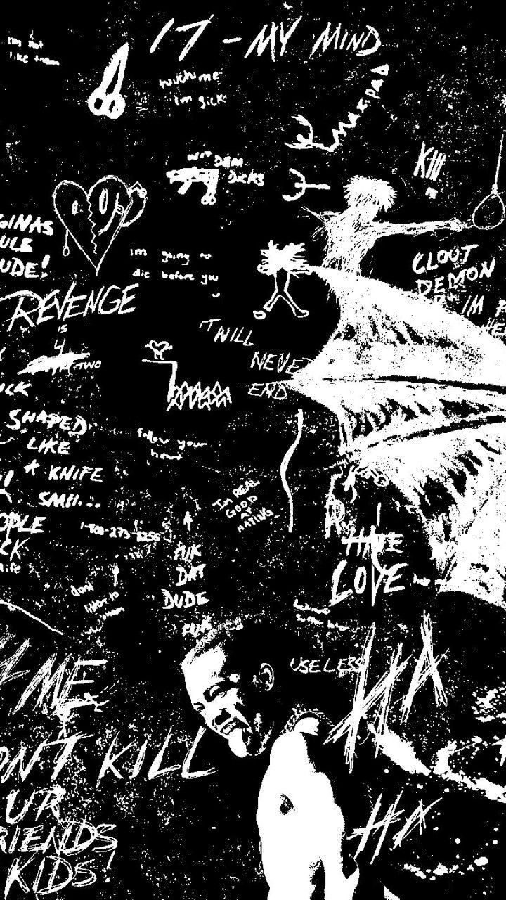The black and white drawing of a man with writing on it - Black and white, XXXTentacion