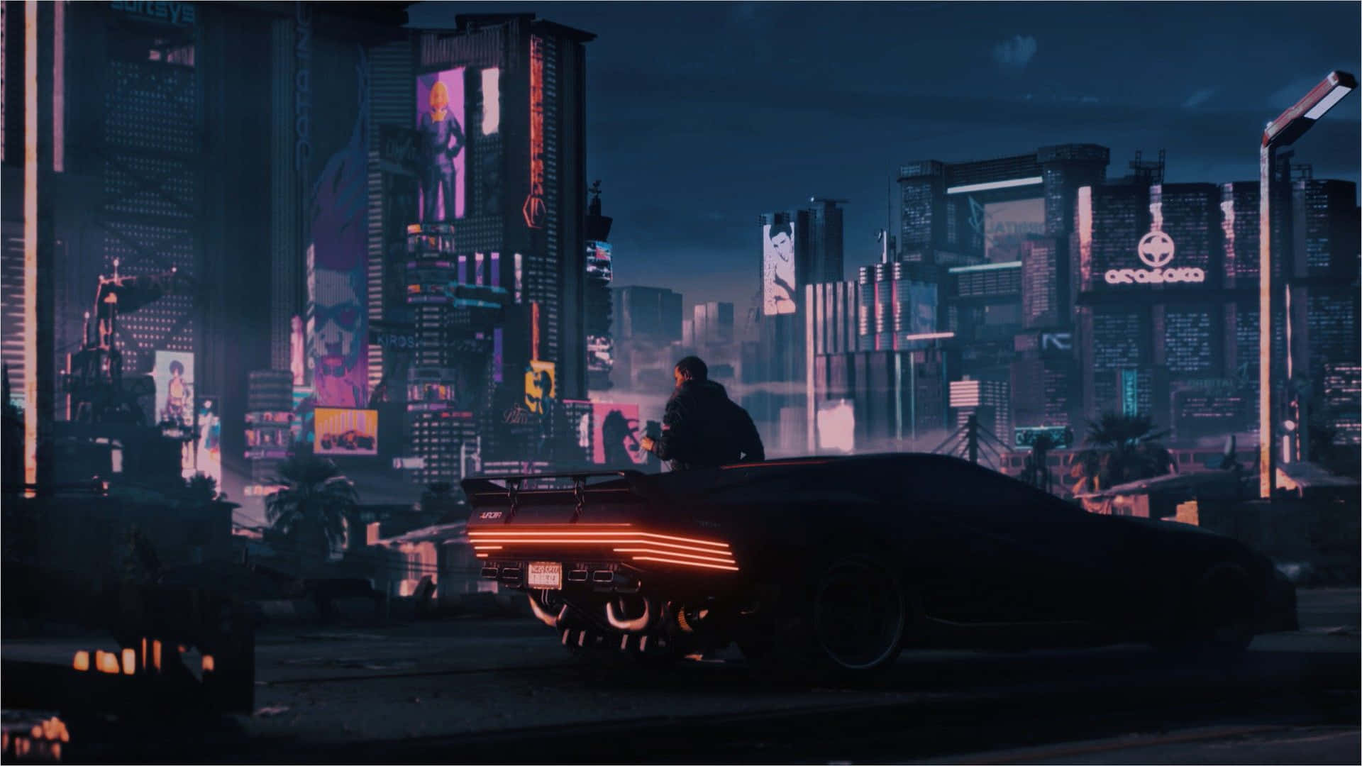 A person sitting on the back of a car in a futuristic city - Cyberpunk 2077