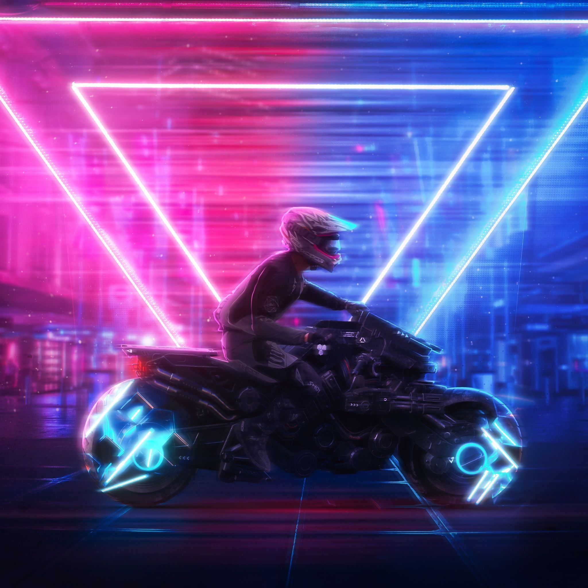 A Cyberpunk wallpaper of a girl riding a motorcycle with neon lights. - Cyberpunk 2077