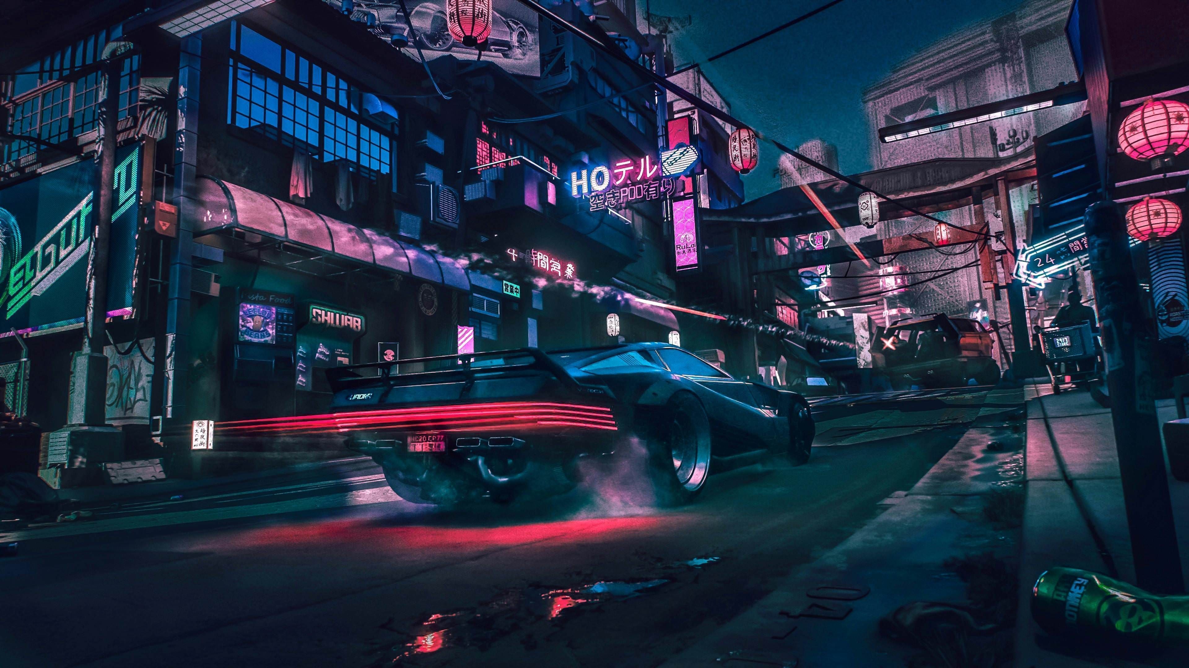 A cyberpunk city at night with a sports car speeding down the street, leaving a trail of red and blue light behind it. - Cyberpunk 2077