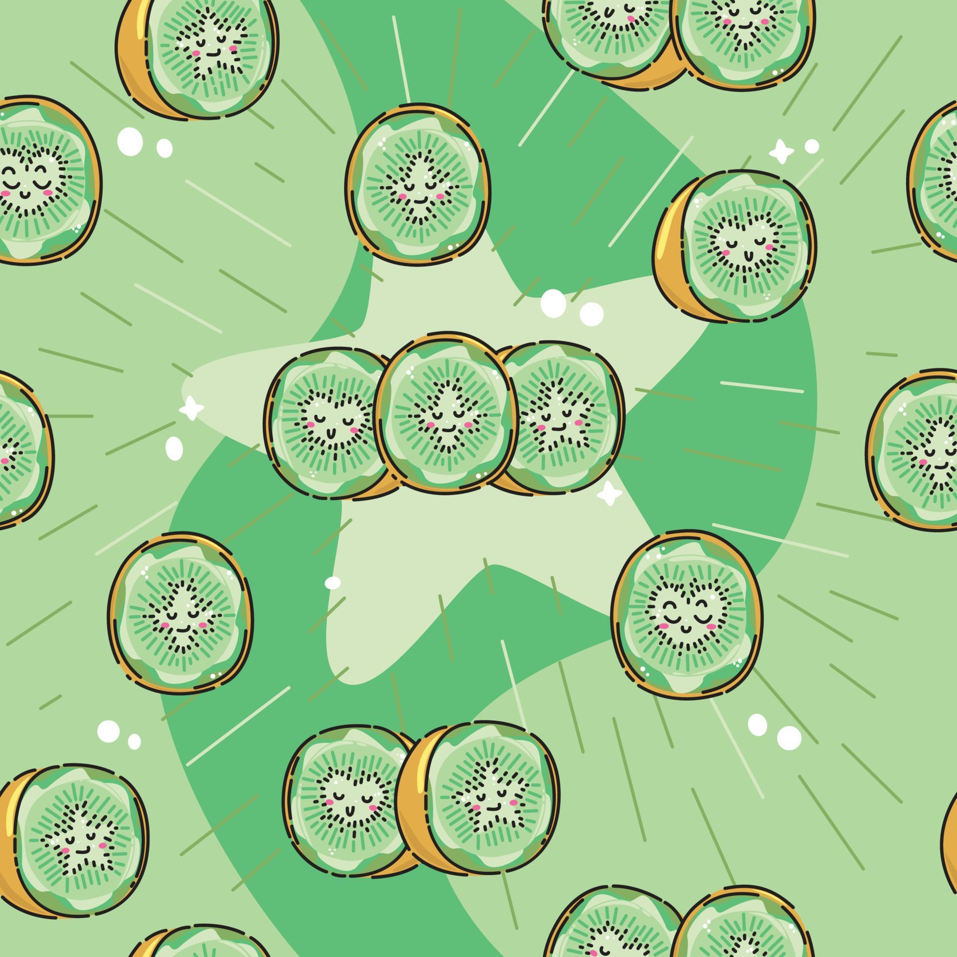 Cute, Green Kawaii Anthropomorphic Cartoon Kiwi Seamless Pattern With A Wavy Starburst Background. Great For Spring Or Summer Fabric, Scrap Booking, Gift Wrap, Wallpaper, Product Design. Vector