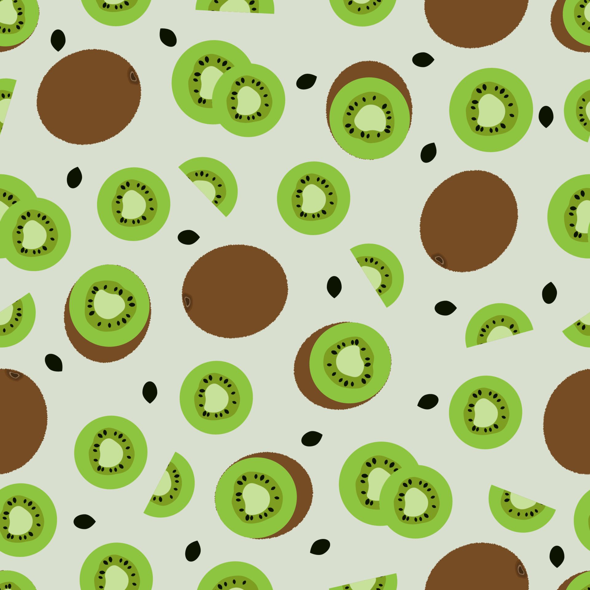 An illustration of a pattern of green and brown猕猴桃 slices on a pale green background - Kiwi