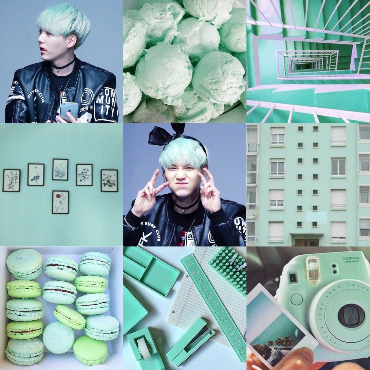 A collage of Jimin from BTS with a green aesthetic - Mint green