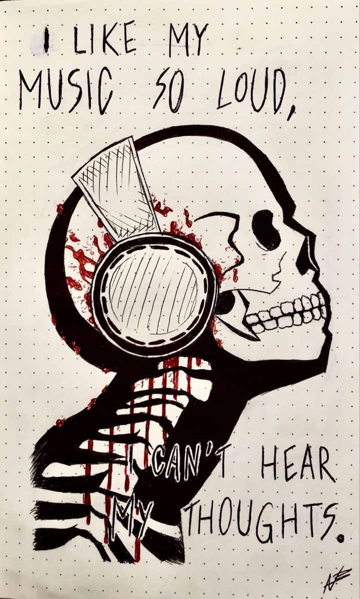 A skull wearing headphones with the words 