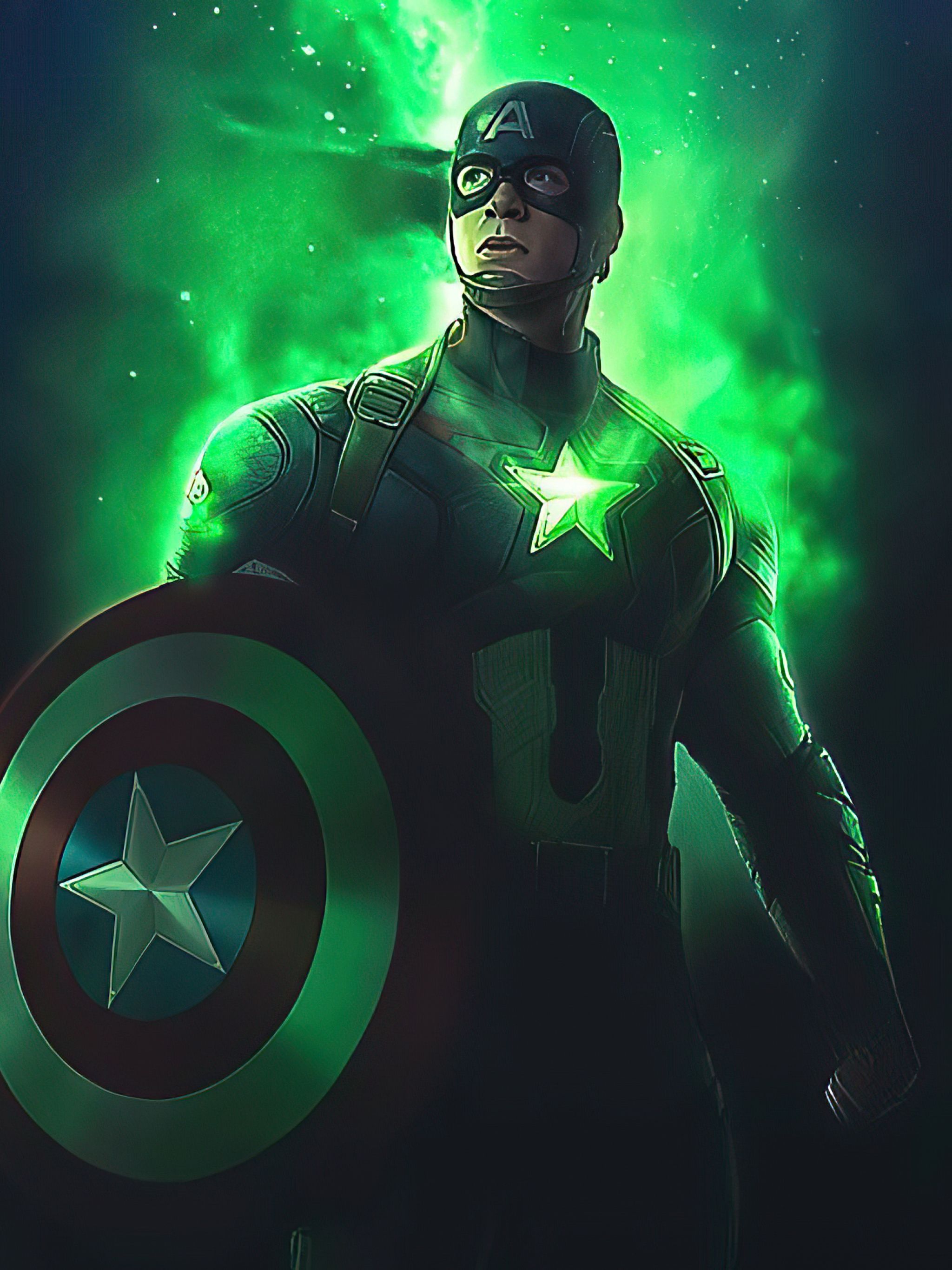 Captain America in a green suit holding a shield - Captain America
